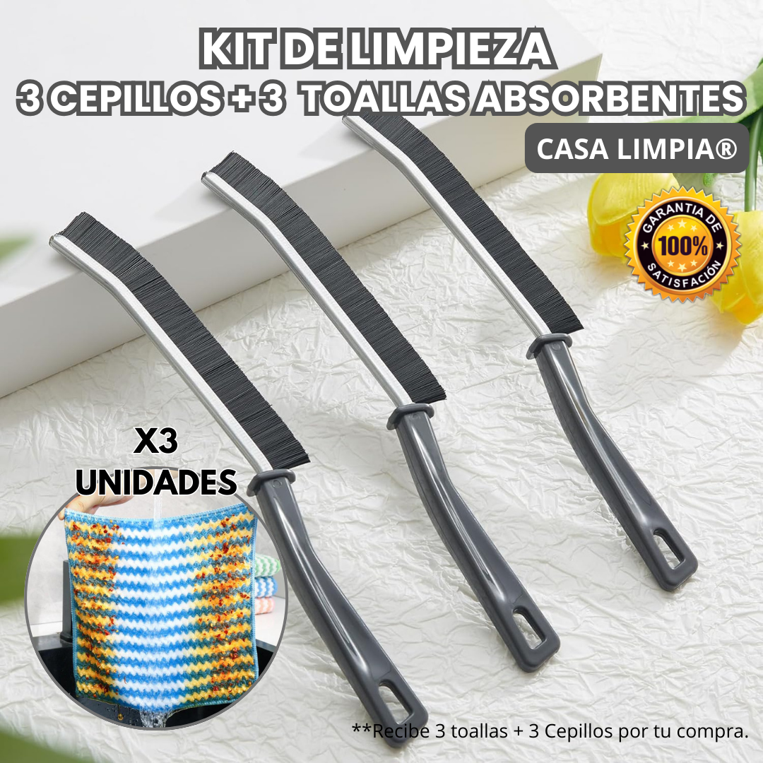 KIT DE LIMPIEZA PARA HOGAR - 3 CEPILLOS + 3 TOALLAS ULTRAS ABSORBENTES