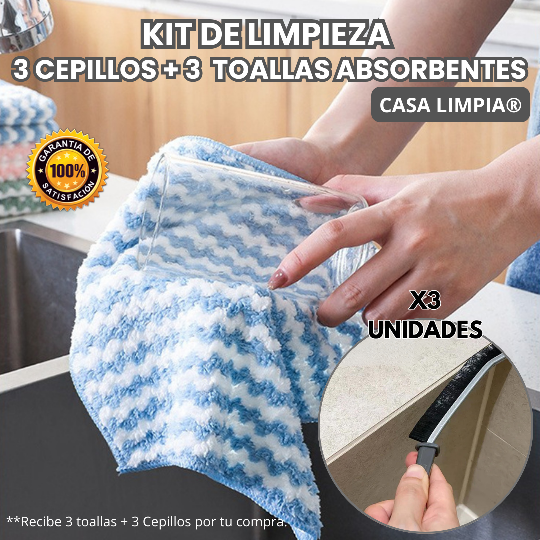 KIT DE LIMPIEZA PARA HOGAR - 3 CEPILLOS + 3 TOALLAS ULTRAS ABSORBENTES